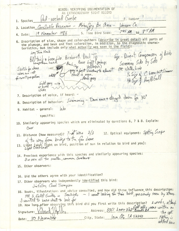 Rare bird documentation form for a Red-necked Grebe at Mehaffey Bridge area at the Coralville Reservoir in Johnson County, IA on November 19, 1986.