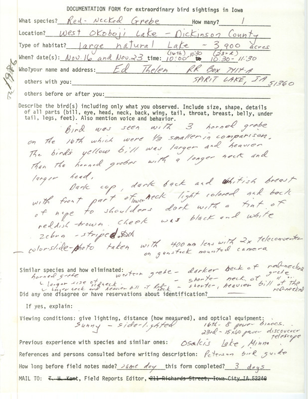 Rare bird documentation form for a Red-necked Grebe at West Okoboji Lake in Dickinson County, IA on November 16, 1986.