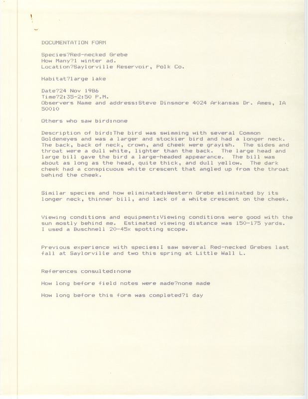 Rare bird documentation form for a Red-necked Grebe at Saylorville Reservoir in Polk County, IA on November 24, 1986.