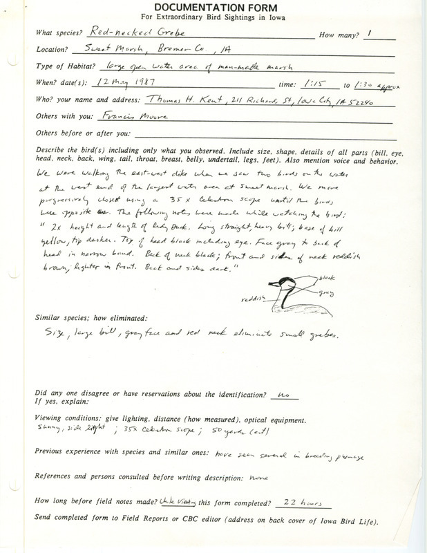 Rare bird documentation form for a Red-necked Grebe at Sweet March in Bremer County, IA on May 12, 1987.