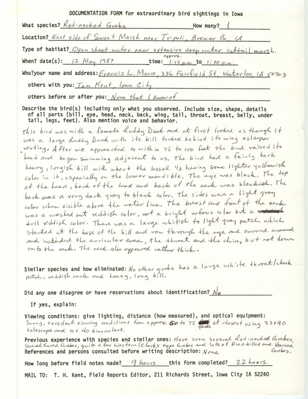 Rare bird documentation form by Francis Moore regarding a Red-necked Grebe at Sweet March in Bremer County, IA on May 12, 1987.