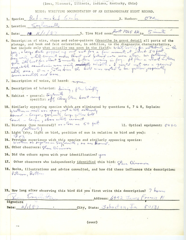 Rare bird documentation form for a Red-necked Grebe by Bery Engebretsen at Saylorville in Polk County, IA on November 1, 1987.