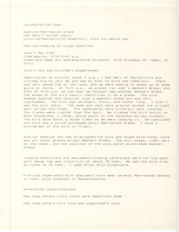 Rare bird documentation form for a Red-necked Grebe at Saylorville Reservoir in Polk County, IA on November 1, 1987.