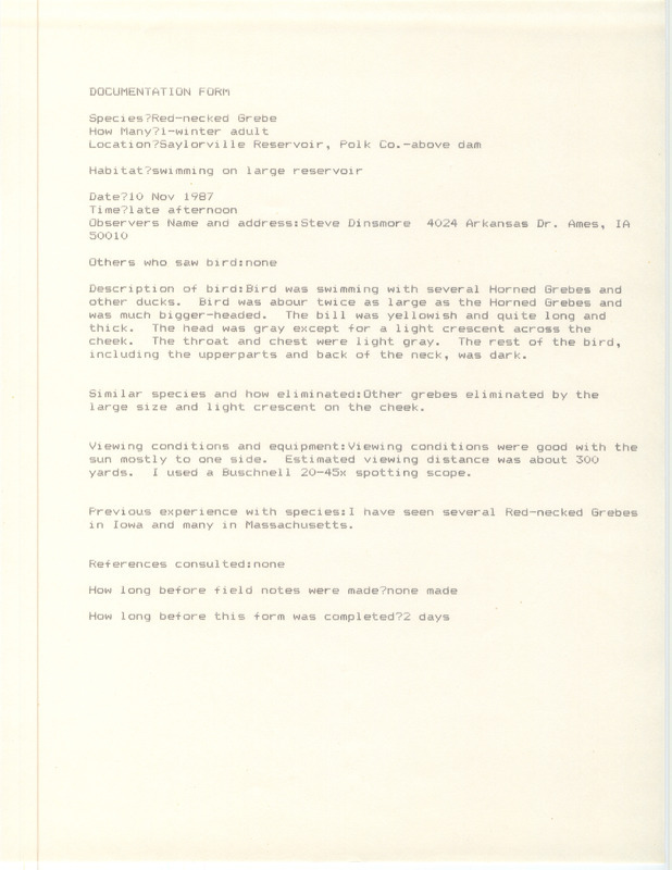 Rare bird documentation forms for a Red-necked Grebe at Saylorville Reservoir in Polk County, IA on November 10, 1987.