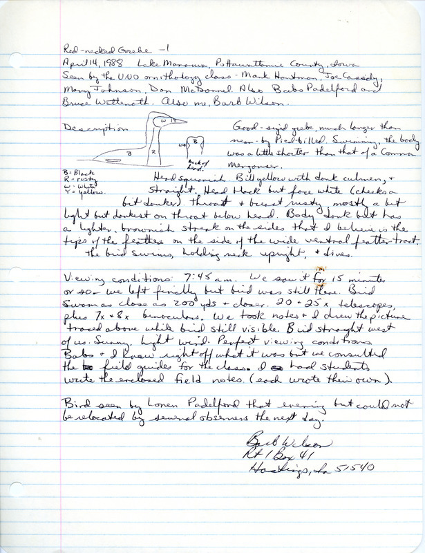 Rare bird documentation form for Red-necked Grebe at Lake Manawa in Pottawattamie County, IA on April 14, 1988.