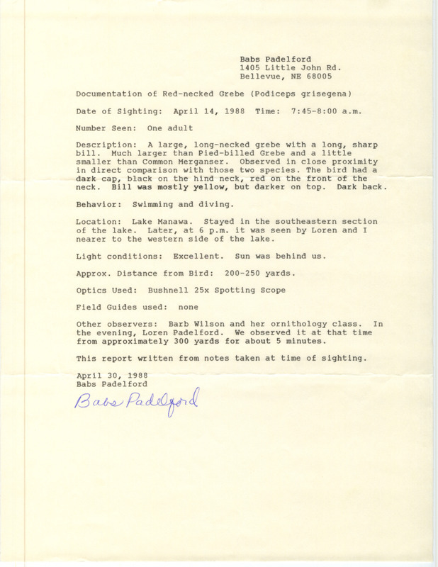 Rare bird documentation by Babs Padelford for a Red-necked Grebe at Lake Manawa in Pottawattamie County, IA on April 14, 1988.