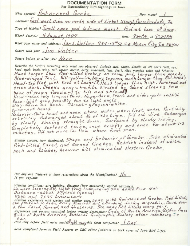 Rare bird documentation form for a Red-necked Grebe at Zirbel Slough in Cerro Gordo County, IA on August 4, 1988.