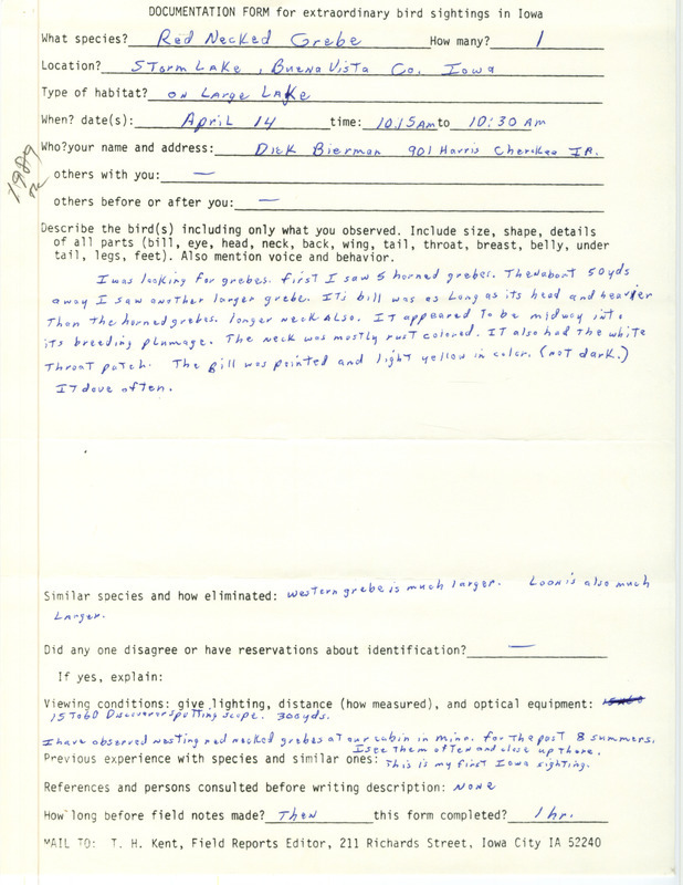 Rare bird documentation form for Red-necked Grebe at Storm Lake in Buena Vista County, IA on April 14, 1989.