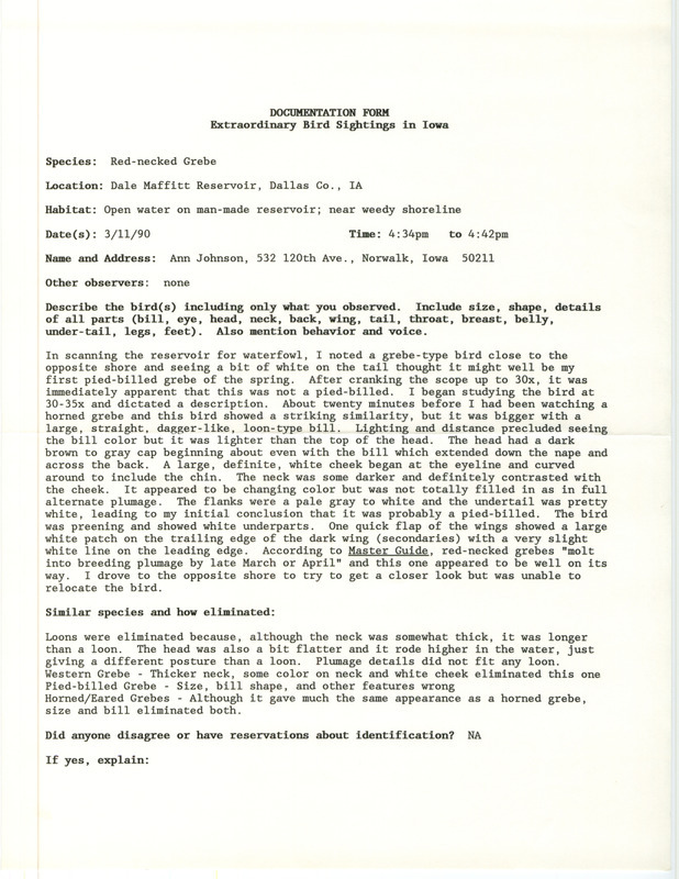 Rare bird documentation form for a Red-necked Grebe at Dale Maffitt Reservoir in Dallas County, IA on March 11, 1990.