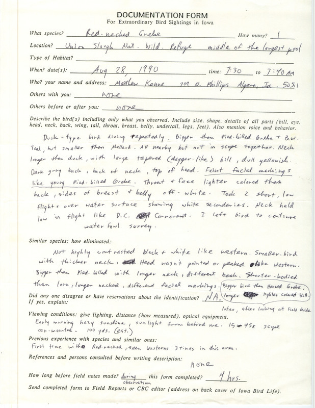 Rare bird documentation form for a Red-necked Grebe at Union Slough National Wildlife Refuge in Kossuth County, IA on August 28, 1990.