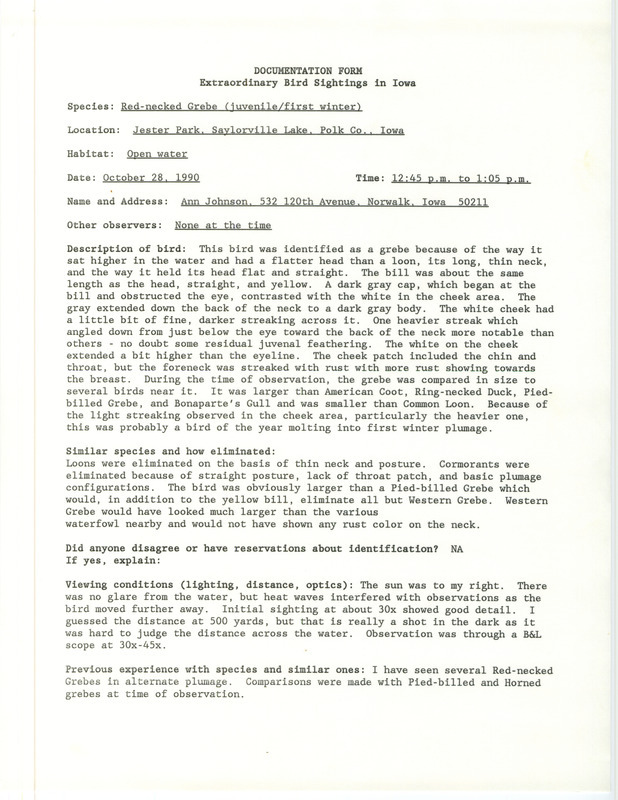 Rare bird documentation form for a Red-necked Grebe at Jester Park at Saylorville Lake in Polk County, IA on October 28, 1990.