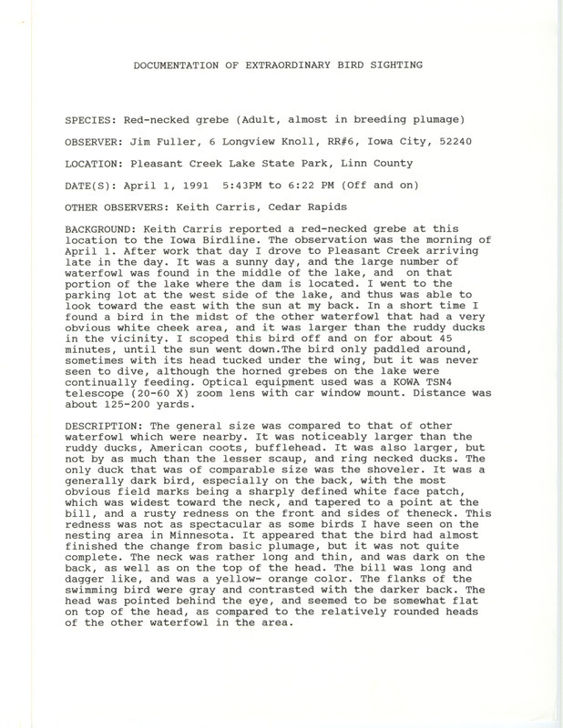 Rare bird documentation form for a Red-necked Grebe at Pleasant Creek Lake State Park in Linn County, IA on April 1, 1991.