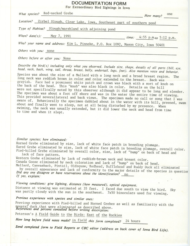 Rare bird documentation form for a Red-necked Grebe at Zirbel Slough in Clear Lake, IA on May 7, 1991.