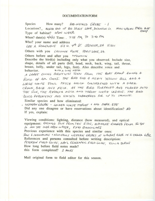 Rare bird documentation form for a Red-necked Grebe at Big Spirit Lake in Dickinson County, IA on April 21, 1993.