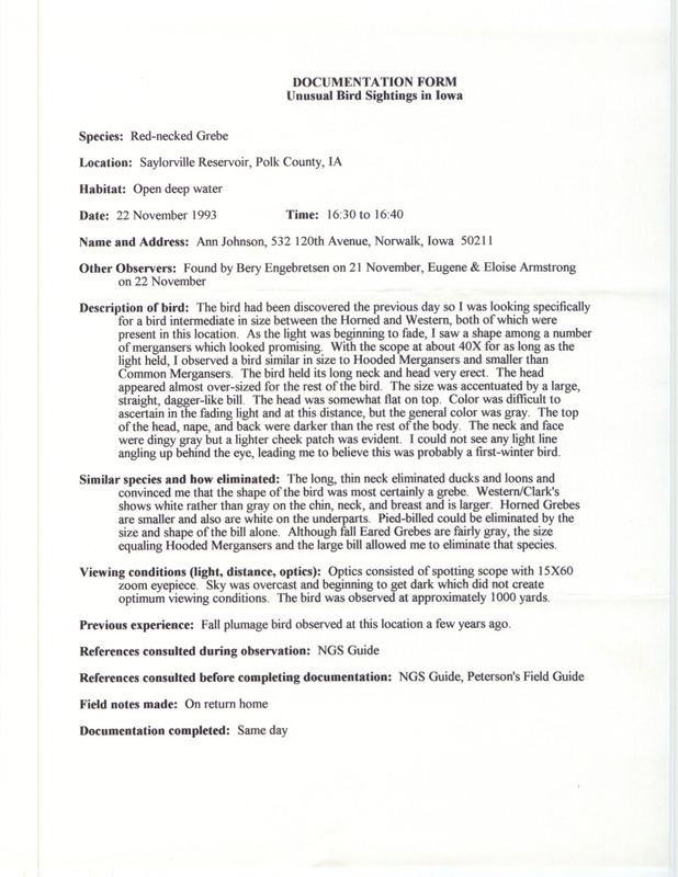 Rare bird documentation form for a Red-necked Grebe at Saylorville Reservoir in Polk County, IA on November 22, 1993.