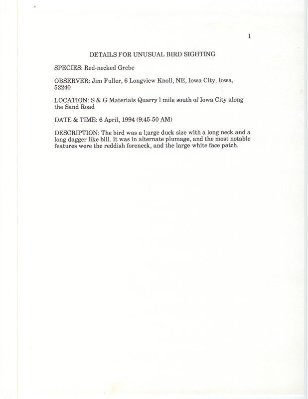 Rare bird sighting for a Red-necked Grebe by Jim Fuller at S & G Materials Quarry near Iowa City in Johnson County, IA on April 6, 1994.