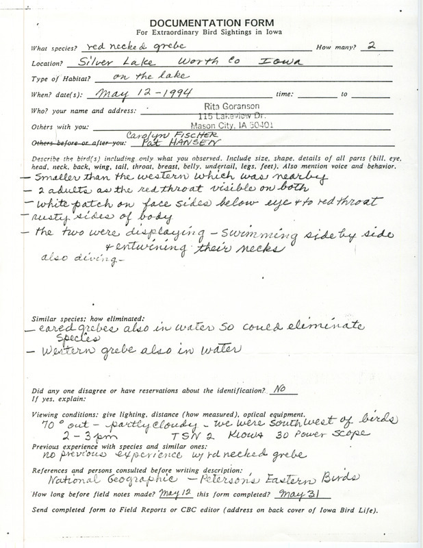 Rare bird documentation form for Red-necked Grebe at Silver Lake in Worth County, IA on May 12, 1994.