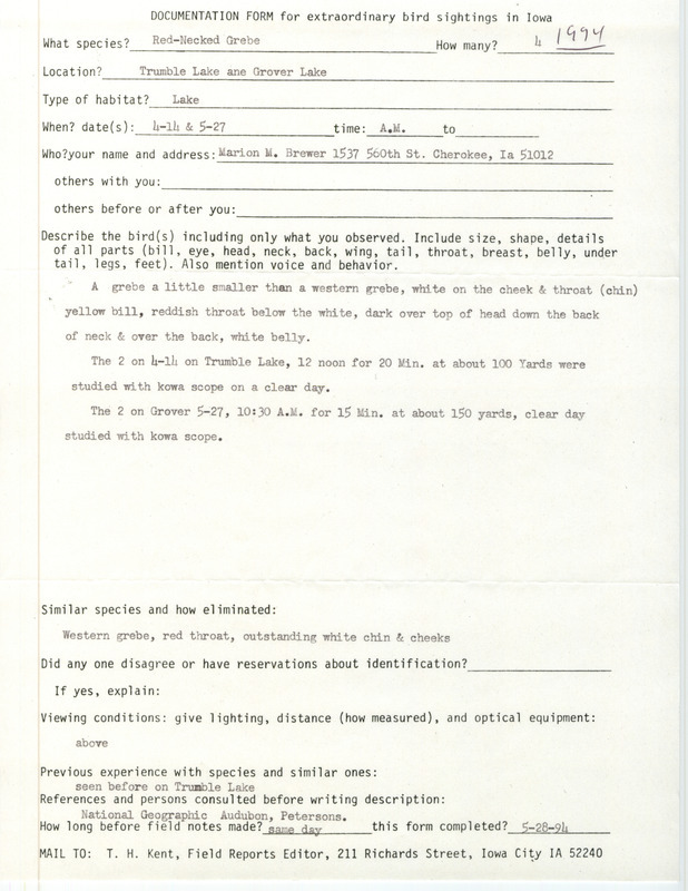 Rare bird documentation form for four Red-necked Grebes by Marion Brewer at Trumbull Lake on April 14, 1994 and Grover Lake on May 27, 1994.