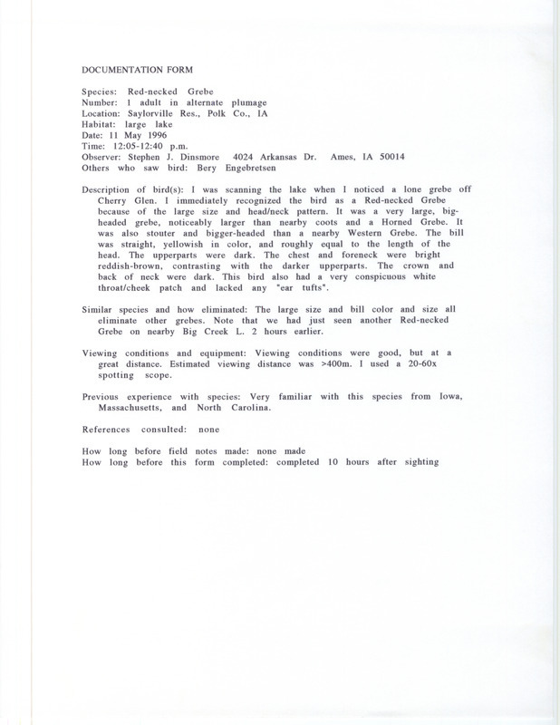 Rare bird documentation form for a Red-necked Grebe at Saylorville Reservoir in Polk County, IA on May 11, 1996.