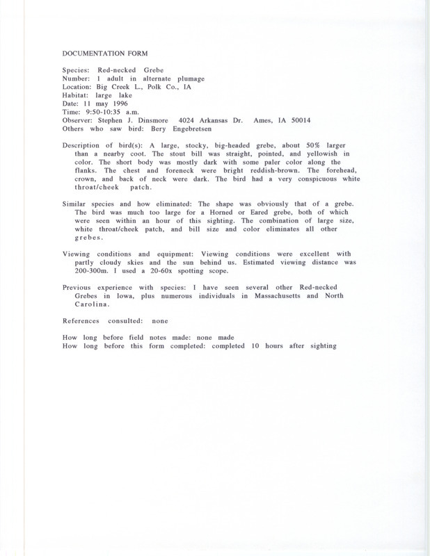 Rare bird documentation form for a Red-necked Grebe at Big Creek Lake in Polk County, IA on May 11, 1996.