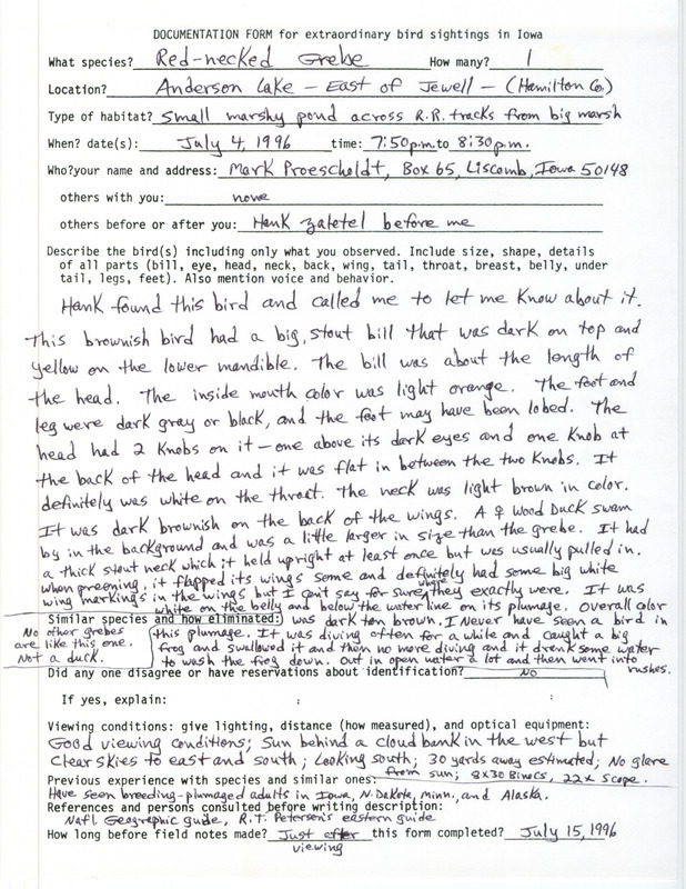 Rare bird documentation form for a Red-necked Grebe at Anderson Lake in Hamilton County, IA on July 4, 1996.