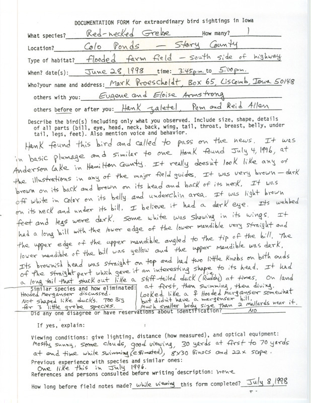 Rare bird documentation form for a Red-necked Grebe at Colo Ponds in Story County, IA on June 28, 1998.