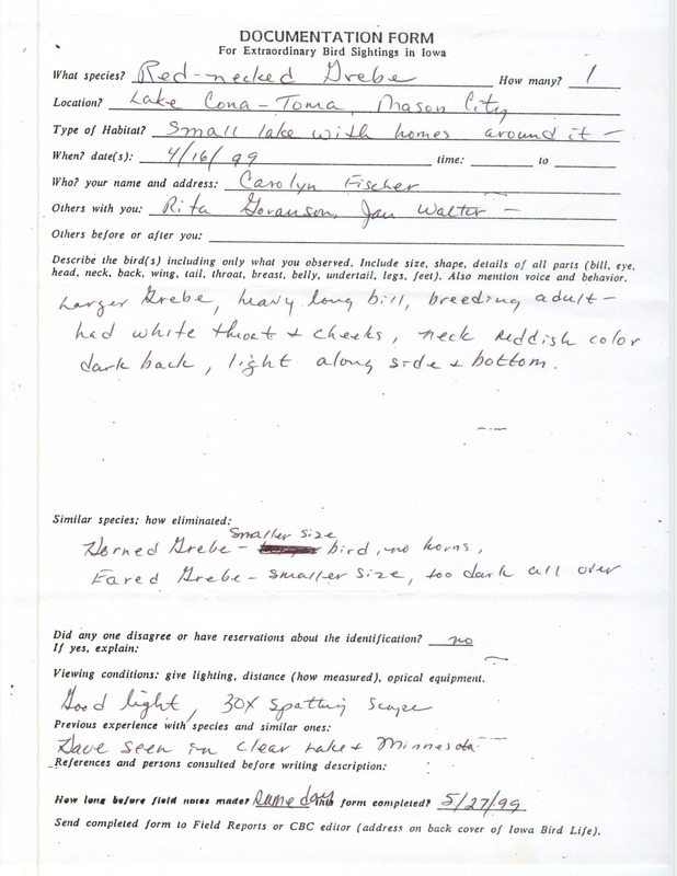 Rare bird documentation form for a Red-necked Grebe at Lake Cona-Toma in Mason City in Cerro Gordo County, IA on April 16, 1999.