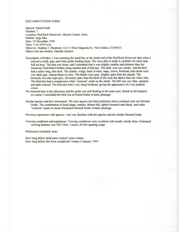 Rare bird documentation form for an Eared Grebe at Red Rock Reservoir in Marion County, IA on December 19, 1998.