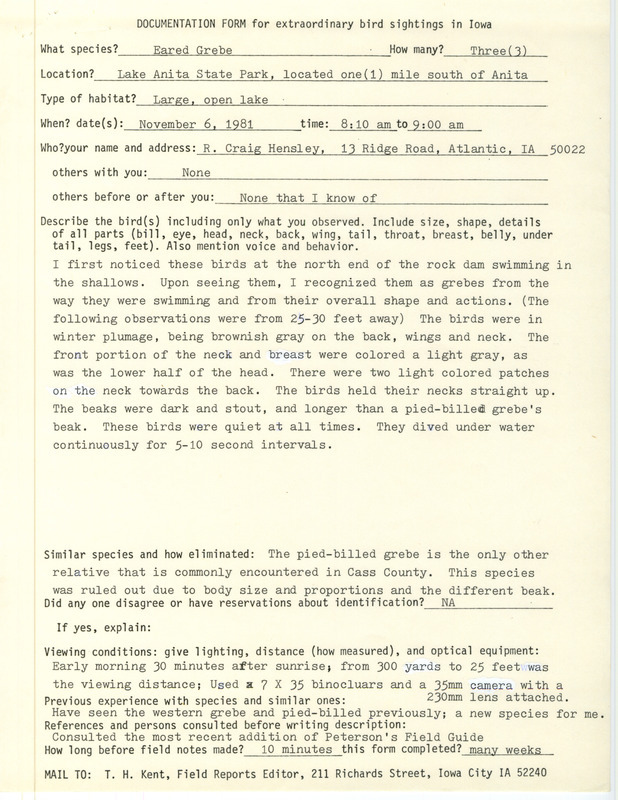 Rare bird documentation form for three Eared Grebes at Lake Anita State Park in Anita in Cass County, IA on November 6, 1981.