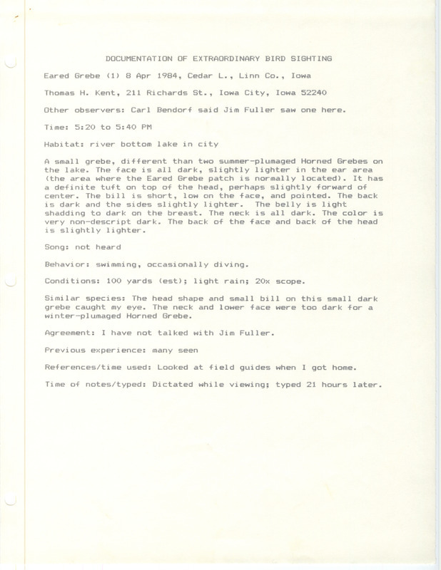 Rare bird documentation form for an Eared Grebe at Cedar Lake in Linn County, IA on April 8, 1994.