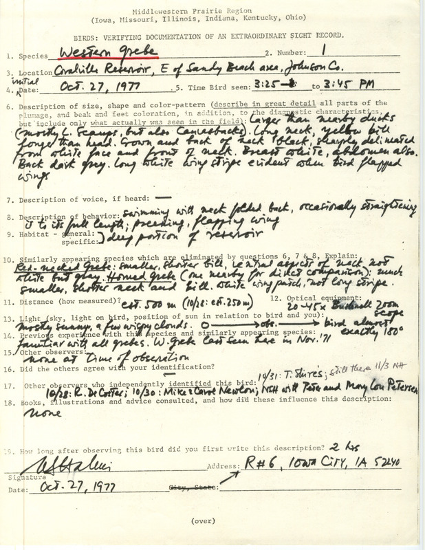 Rare bird documentation form for a Western Grebe at Sandy Beach Area at Coralville Reservoir in Johnson County, IA on October 27, 1977.