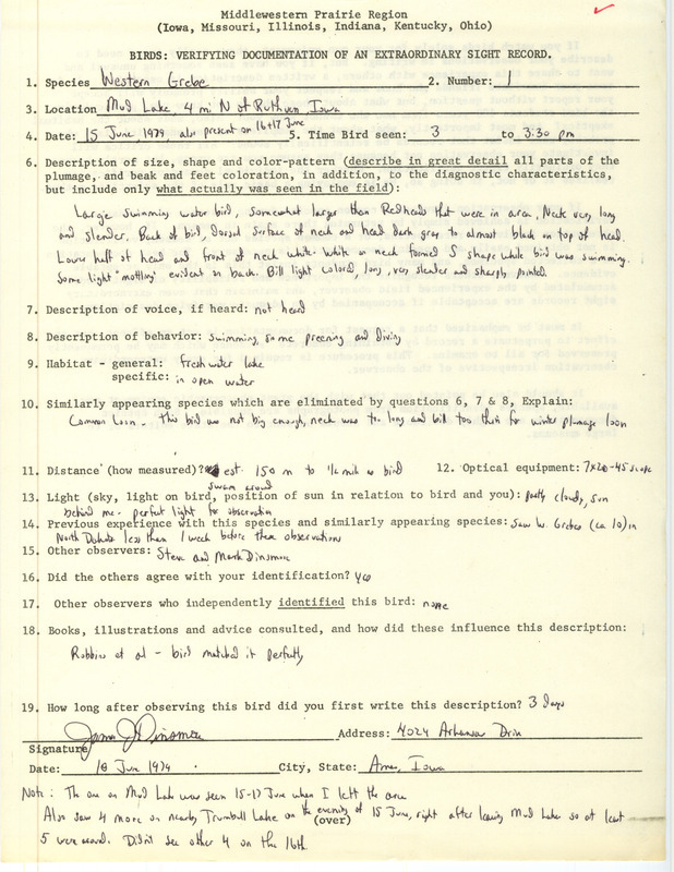 Rare bird documentation for a Western Grebe at Ruthven at Palo Alto County, IA on June 15, 1979.