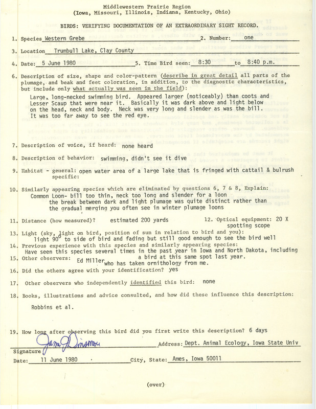 Rare bird documentation for a Western Grebe at Trumbull Lake in Clay County, IA on June 5, 1980.