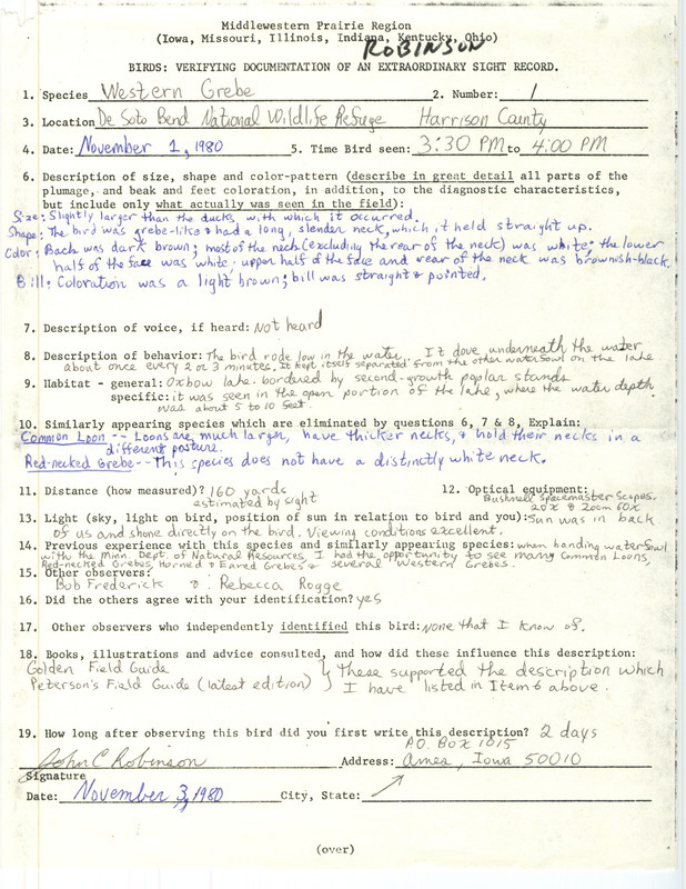 Rare bird documentation for Western Grebe at DeSoto Bend National Wildlife Refuge in Harrison County, IA on November 1, 1980.