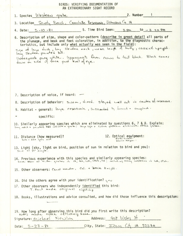 Rae bird documentation for a Western Grebe at Sandy Beach at Coralville Reservoir in Johnson County, IA on May 10, 1981.