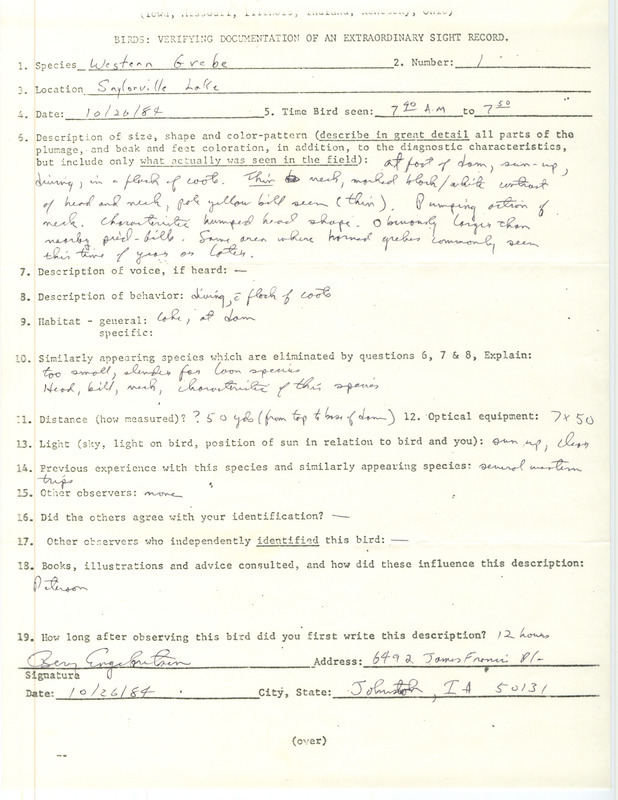 Rare bird documentation form for a Western Grebe at Saylorville Lake in Polk County, IA on October 26, 1984.