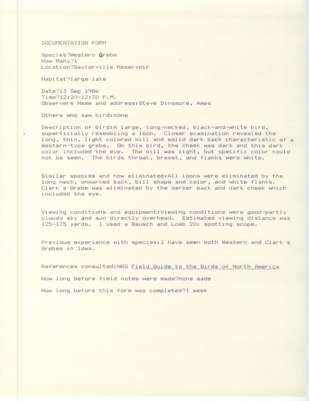 Rare bird documentation form for a Western Grebe at Saylorville Reservoir in Polk County, IA on September 13, 1986.