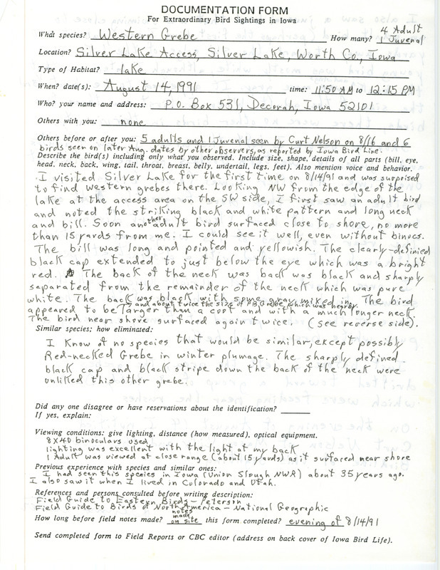 Rare bird documentation form for Western Grebe at Silver Lake Access at Silver Lake in Worth County, IA on August 14, 1991.