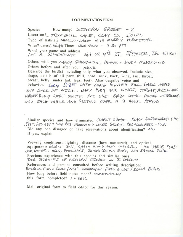 Rare bird documentation form for two Western Grebes at Trumbull Lake at Clay County, IA on October 12, 1991.