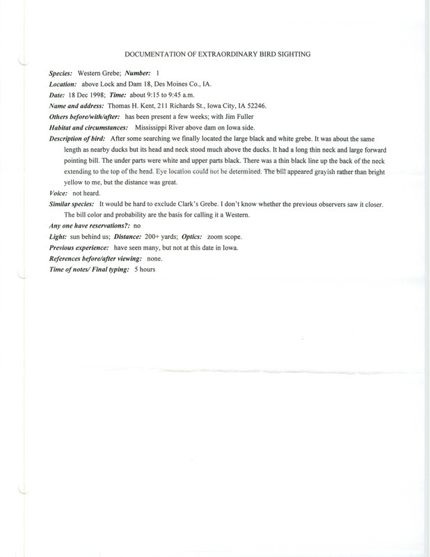 Rare bird documentation form for a Western Grebe at Lock and Dam 18 in Des Moines County, IA on December 18, 1998.