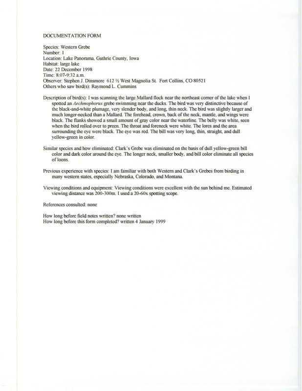 Rare bird documentation form for a Western Grebe at Lake Panorama in Guthrie County, Iowa in December 22, 1998.