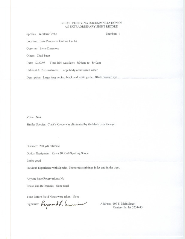 Rare bird documentation form for a Western Grebe by Steve Dinsmore at Lake Panorama in Guthrie County, IA on December 22, 1998.