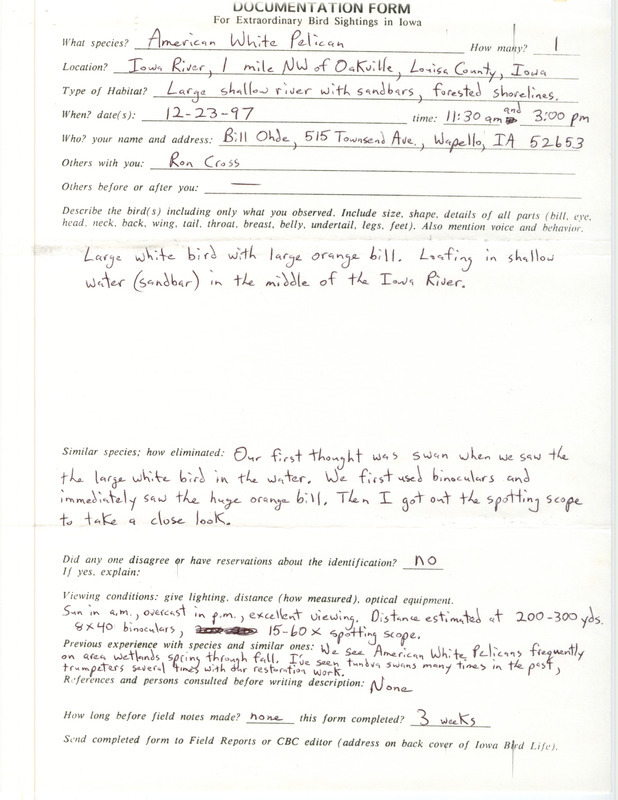 Rare bird documentation form for an American White Pelican at Oakville in Louisa County, IA on December 23, 1997.