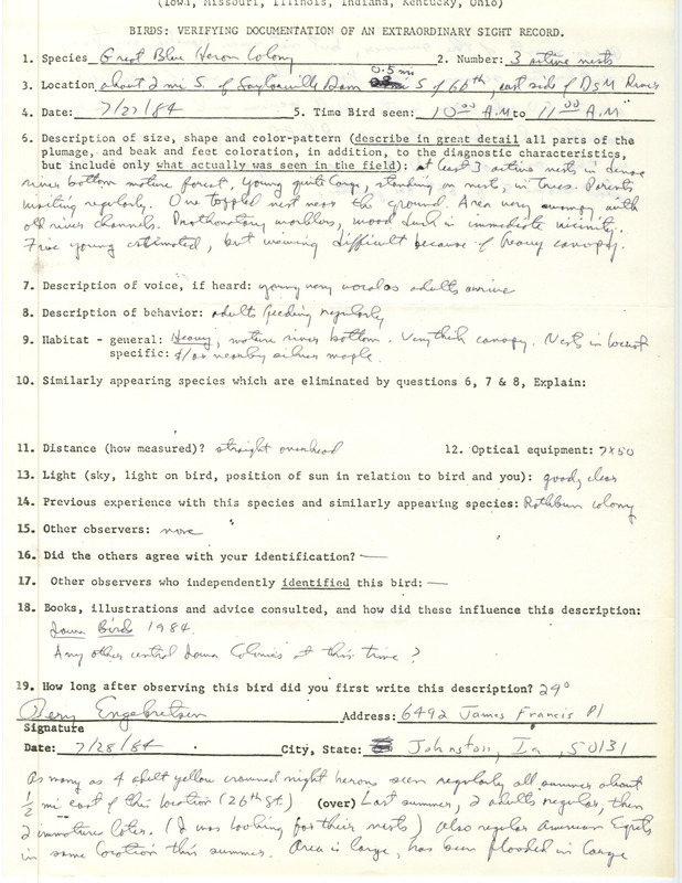 Rare bird documentation form for three Great Blue Herons at Saylorville Dam in Polk County, IA on July 27, 1984 with an addendum on August 1, 1984.