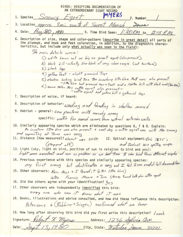 Rare bird documentation form for a Snowy Egret at Sweet March in Bremer County, IA on August 30, 1980.