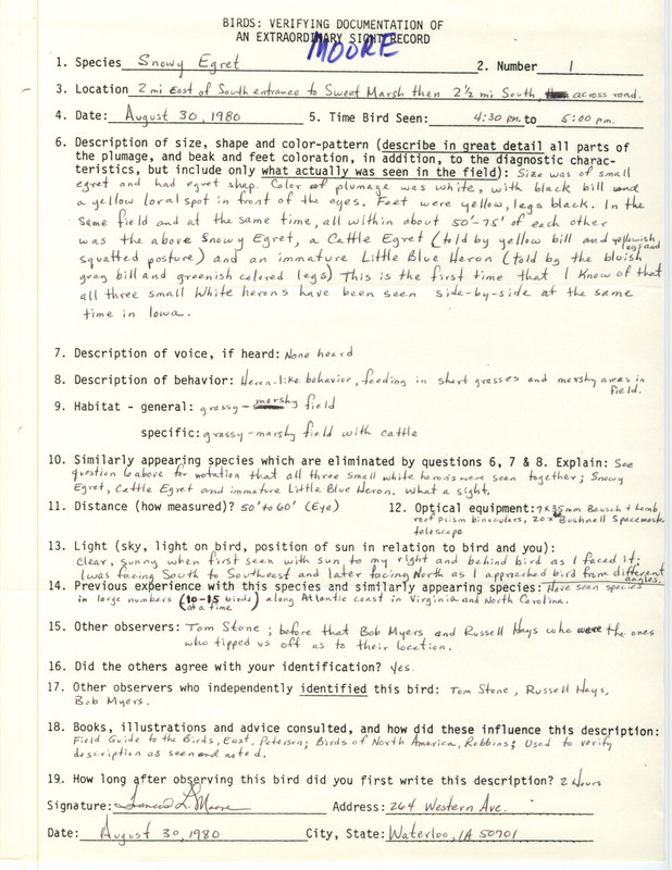 Rare bird documentation form for a Snowy Egret at Sweet March in Bremer County, IA on August 30, 1980.