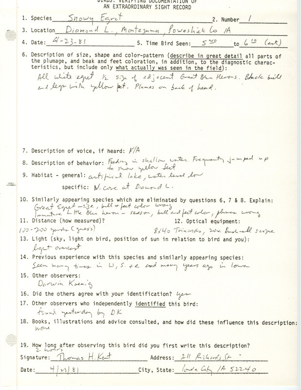 Rare bird documentation form for a Snowy Egret at Diamond Lake in Poweshiek County, IA on April 23, 1981.