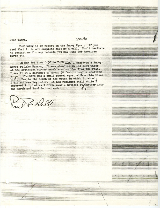 Letter from Paul Bedell to Tayna Bray regarding a Snowy Egret sighting at Lake Manawa on May 1, 1982.