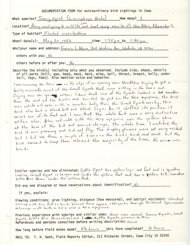 Rare bird documentation form for a Snowy Egret at New Albin in Allamakee County, IA on May 30, 1982.