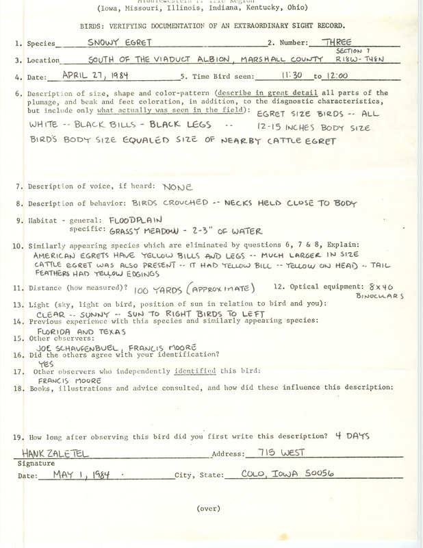 Rare bird documentation form for three Snowy Egrets at Albion in Marshall County, IA on April 27, 1984.